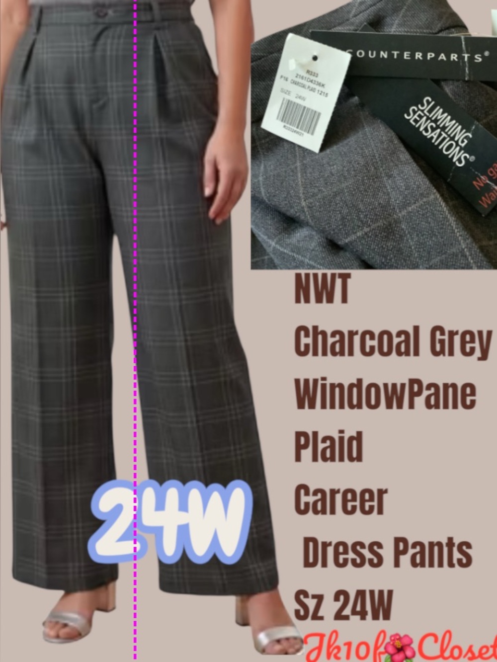 LOWEST🌺NWT COUNTERPARTS Sz 24W SLIMMING CHARCOAL GREY WINDOWPANE DRESS PANTS